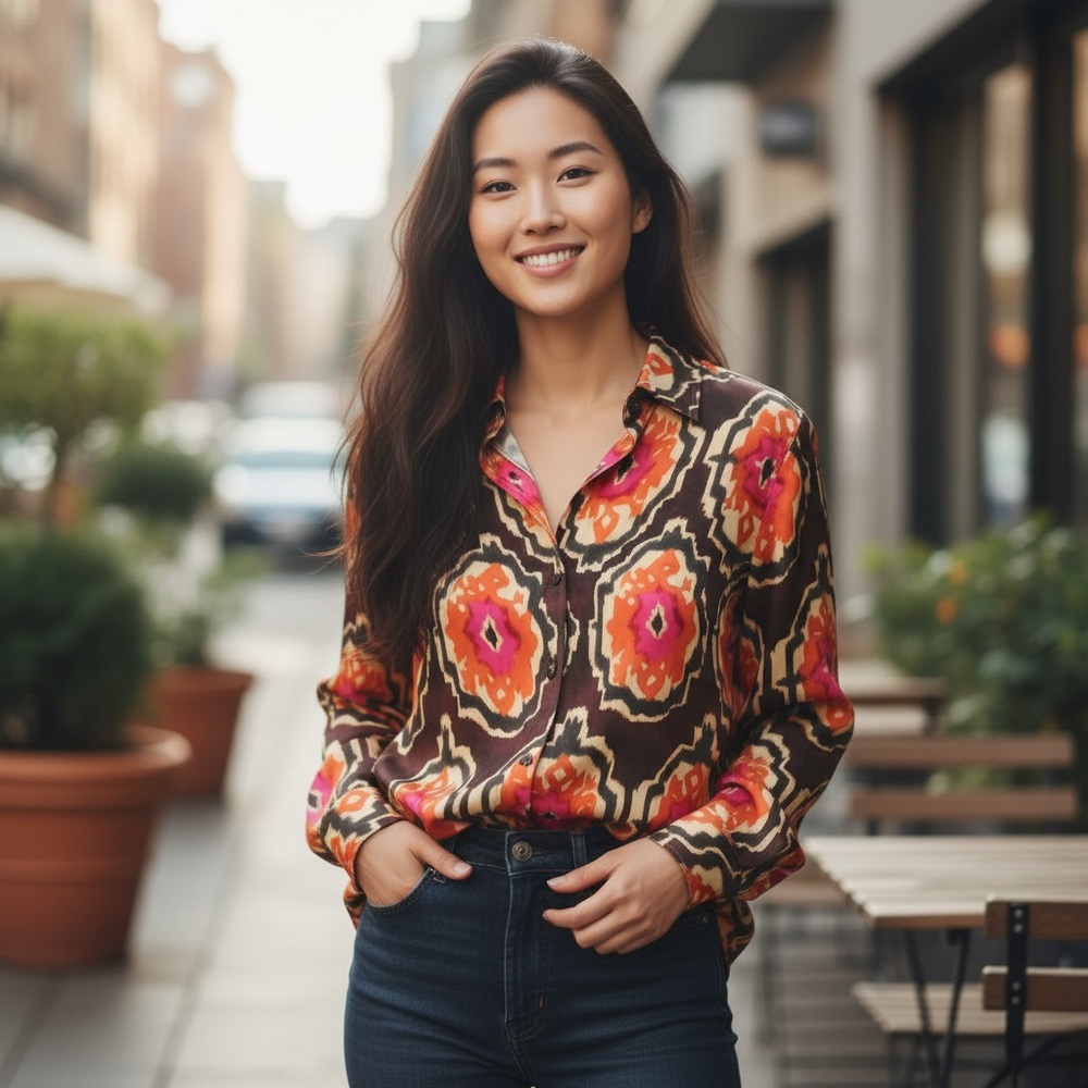 Finley Monica Medallion Flame Print Blouse Made USA Women's L
